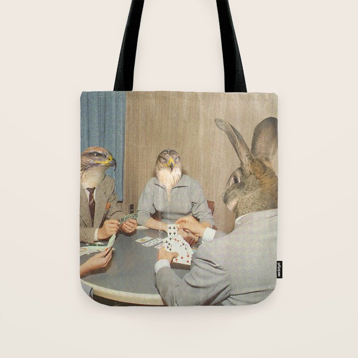 Too Late Mr. Hudson - Birds of prey playing poker with a rabbit in a casino Tote Bag Gallery Image 1