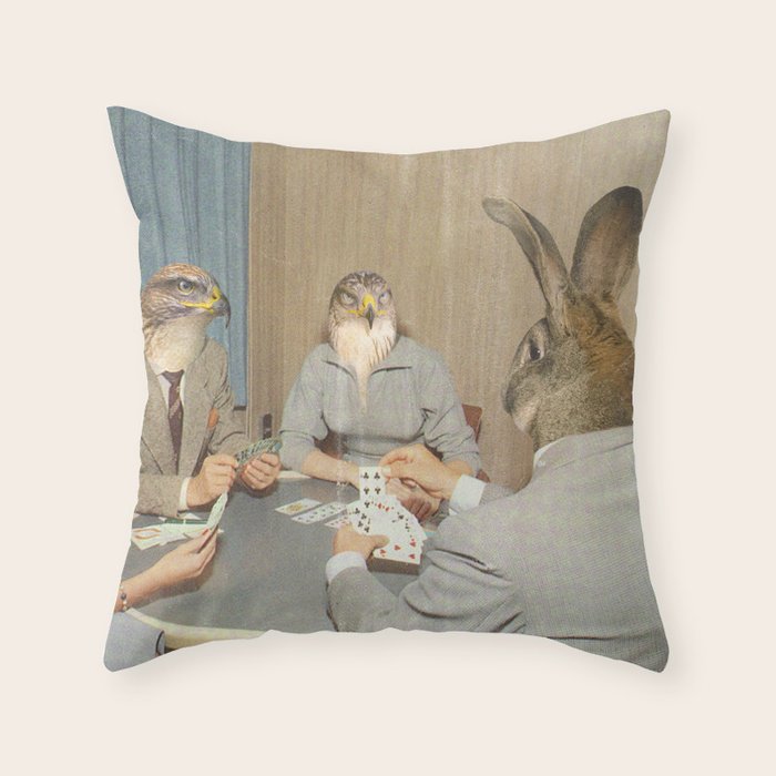 Too Late Mr. Hudson - Birds of prey playing poker with a rabbit in a casino Throw Pillow Gallery Image 1
