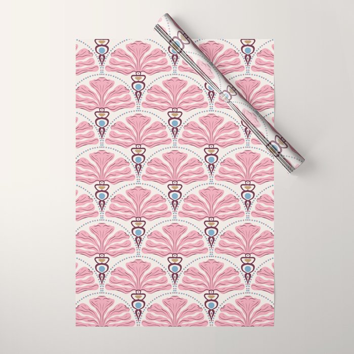Pink Retro Floral Fan Wrapping Paper Gallery Image 1