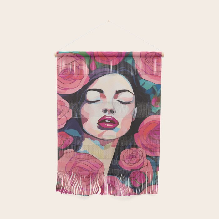 Roses Bloom Every Time I Think of You, Flowers Floral Woman Face, Feminine Chic Pink Nature Fashion Beauty, Vintage Female Eclectic Bohemian Painting  Wall Hanging Gallery Image 1