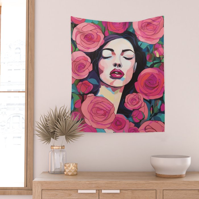 Roses Bloom Every Time I Think of You, Flowers Floral Woman Face, Feminine Chic Pink Nature Fashion Beauty, Vintage Female Eclectic Bohemian Painting  Wall Tapestry Gallery Image 2