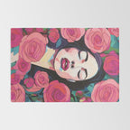 Roses Bloom Every Time I Think of You, Flowers Floral Woman Face, Feminine Chic Pink Nature Fashion Beauty, Vintage Female Eclectic Bohemian Painting  Rug Gallery Image 2