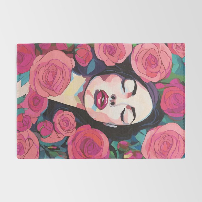 Roses Bloom Every Time I Think of You, Flowers Floral Woman Face, Feminine Chic Pink Nature Fashion Beauty, Vintage Female Eclectic Bohemian Painting  Rug Gallery Image 2