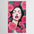 Roses Bloom Every Time I Think of You, Flowers Floral Woman Face, Feminine Chic Pink Nature Fashion Beauty, Vintage Female Eclectic Bohemian Painting  Tablecloth Gallery Image 2