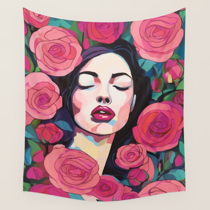 Roses Bloom Every Time I Think of You, Flowers Floral Woman Face, Feminine Chic Pink Nature Fashion Beauty, Vintage Female Eclectic Bohemian Painting  Wall Tapestry Gallery Image 1