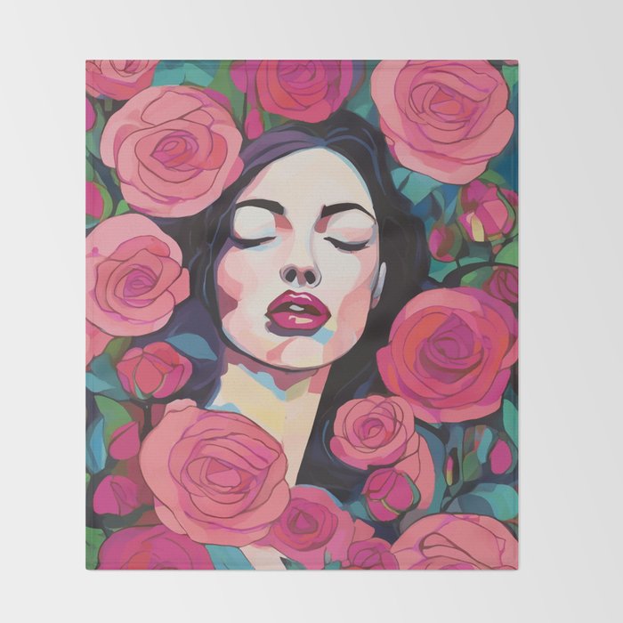 Roses Bloom Every Time I Think of You, Flowers Floral Woman Face, Feminine Chic Pink Nature Fashion Beauty, Vintage Female Eclectic Bohemian Painting  Throw Blanket Gallery Image 2