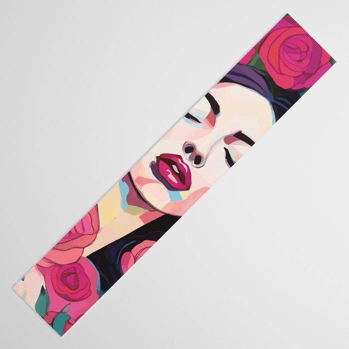 Roses Bloom Every Time I Think of You, Flowers Floral Woman Face, Feminine Chic Pink Nature Fashion Beauty, Vintage Female Eclectic Bohemian Painting  Table Runner Gallery Image 3