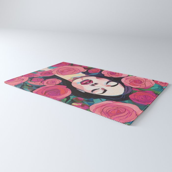 Roses Bloom Every Time I Think of You, Flowers Floral Woman Face, Feminine Chic Pink Nature Fashion Beauty, Vintage Female Eclectic Bohemian Painting  Rug Gallery Image 3