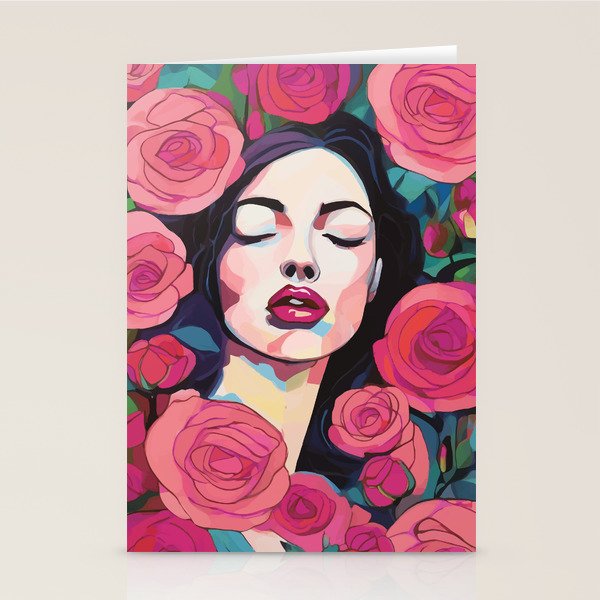 Roses Bloom Every Time I Think of You, Flowers Floral Woman Face, Feminine Chic Pink Nature Fashion Beauty, Vintage Female Eclectic Bohemian Painting  Stationery Card Gallery Image 1