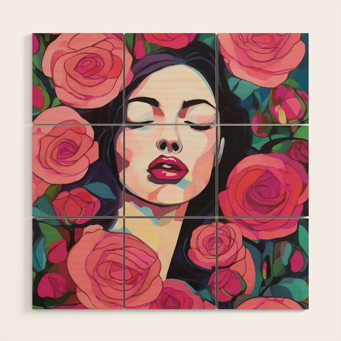 Roses Bloom Every Time I Think of You, Flowers Floral Woman Face, Feminine Chic Pink Nature Fashion Beauty, Vintage Female Eclectic Bohemian Painting  Wood Wall Art Gallery Image 1