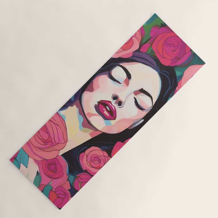 Roses Bloom Every Time I Think of You, Flowers Floral Woman Face, Feminine Chic Pink Nature Fashion Beauty, Vintage Female Eclectic Bohemian Painting  Yoga Mat Gallery Image 1