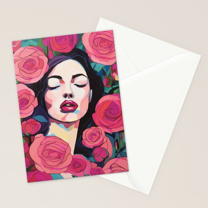 Roses Bloom Every Time I Think of You, Flowers Floral Woman Face, Feminine Chic Pink Nature Fashion Beauty, Vintage Female Eclectic Bohemian Painting  Stationery Card Gallery Image 2