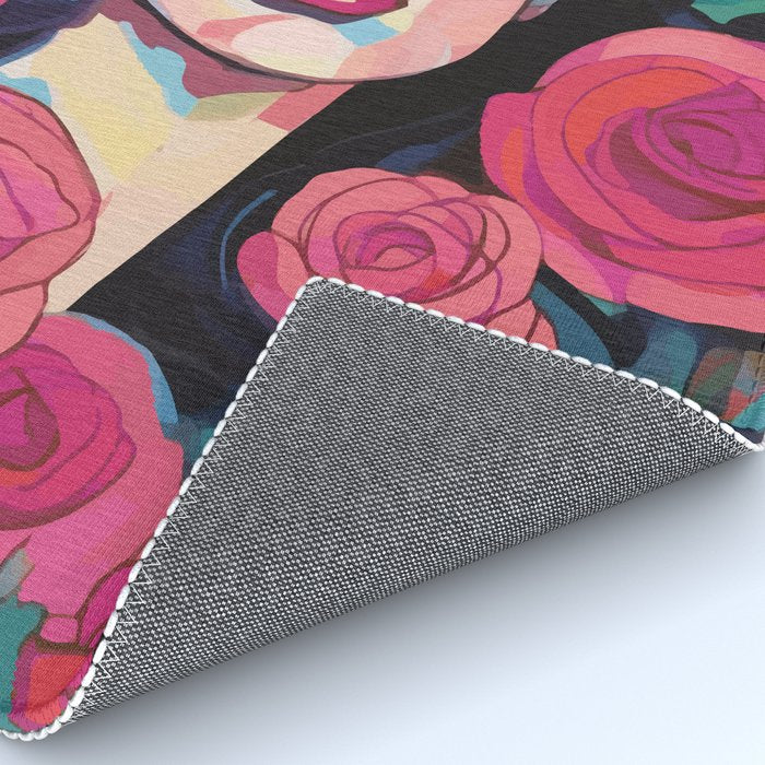 Roses Bloom Every Time I Think of You, Flowers Floral Woman Face, Feminine Chic Pink Nature Fashion Beauty, Vintage Female Eclectic Bohemian Painting  Rug Gallery Image 4