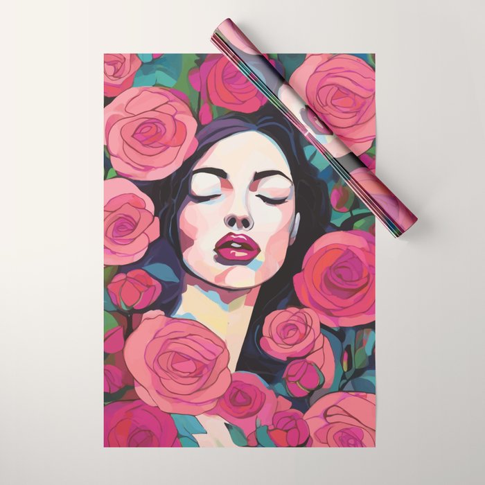 Roses Bloom Every Time I Think of You, Flowers Floral Woman Face, Feminine Chic Pink Nature Fashion Beauty, Vintage Female Eclectic Bohemian Painting  Wrapping Paper Gallery Image 1