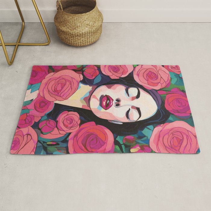 Roses Bloom Every Time I Think of You, Flowers Floral Woman Face, Feminine Chic Pink Nature Fashion Beauty, Vintage Female Eclectic Bohemian Painting  Rug Gallery Image 1