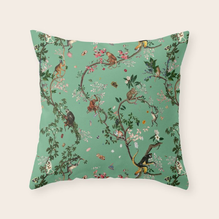 Monkey World Green Throw Pillow Gallery Image 1