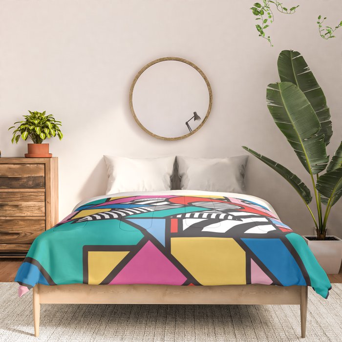 Colorful Memphis Milano Modern Geometric Shapes - 80s 90s retro electroclash pop art Aztec Comforter Gallery Image 3