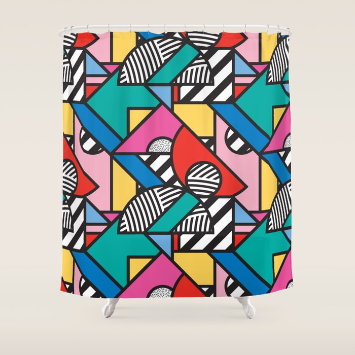 Colorful Memphis Milano Modern Geometric Shapes - 80s 90s retro electroclash pop art Aztec Shower Curtain Gallery Image 1