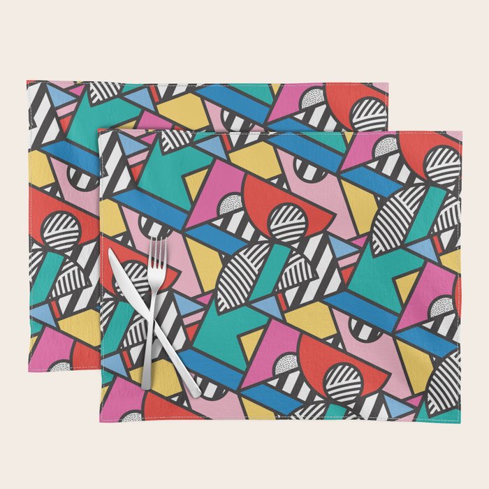 Colorful Memphis Milano Modern Geometric Shapes - 80s 90s retro electroclash pop art Aztec Placemat Gallery Image 1