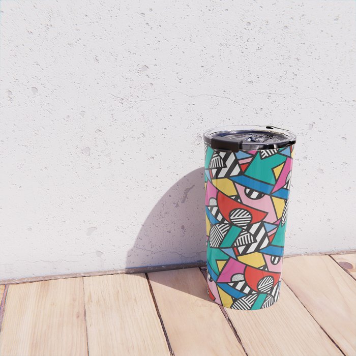 Colorful Memphis Milano Modern Geometric Shapes - 80s 90s retro electroclash pop art Aztec Travel Mug Gallery Image 4