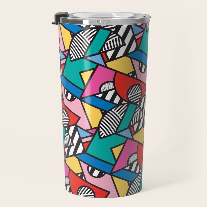Colorful Memphis Milano Modern Geometric Shapes - 80s 90s retro electroclash pop art Aztec Travel Mug Gallery Image 3