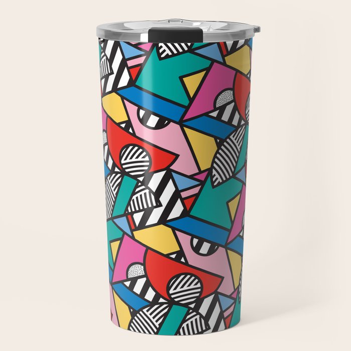 Colorful Memphis Milano Modern Geometric Shapes - 80s 90s retro electroclash pop art Aztec Travel Mug Gallery Image 1