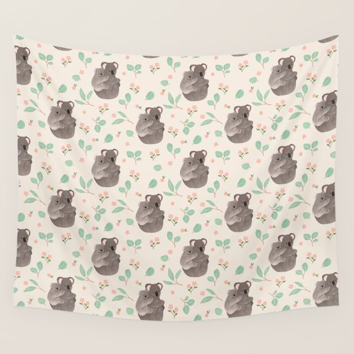 Koala and Eucalyptus Pattern Wall Tapestry Gallery Image 1