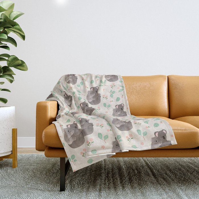 Koala and Eucalyptus Pattern Throw Blanket Gallery Image 1