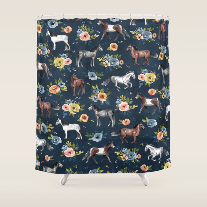 Wild Horses, Horse and Floral Print, Navy Blue, Watercolor Painting, Illustrated Horses, Flowers,  Shower Curtain Gallery Image 1