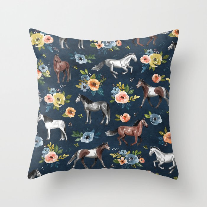 Wild Horses, Horse and Floral Print, Navy Blue, Watercolor Painting, Illustrated Horses, Flowers,  Throw Pillow