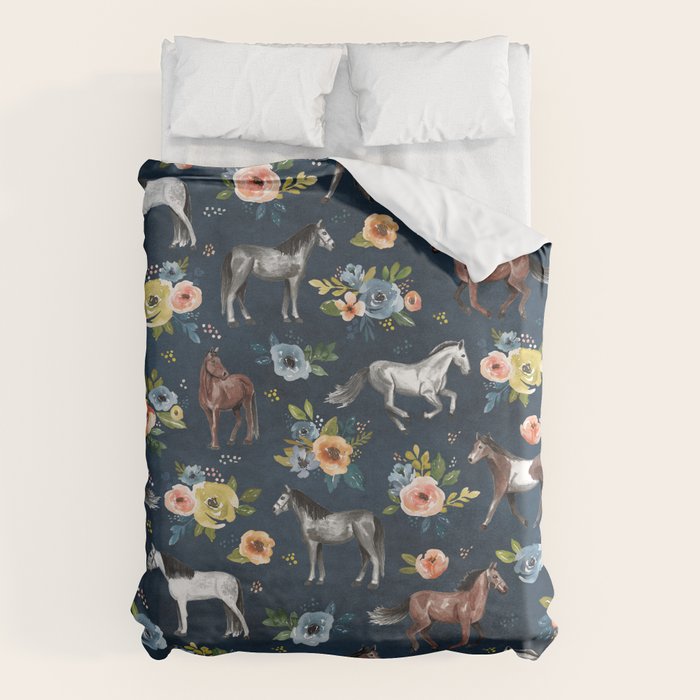 Wild Horses, Horse and Floral Print, Navy Blue, Watercolor Painting, Illustrated Horses, Flowers,  Duvet Cover Gallery Image 6