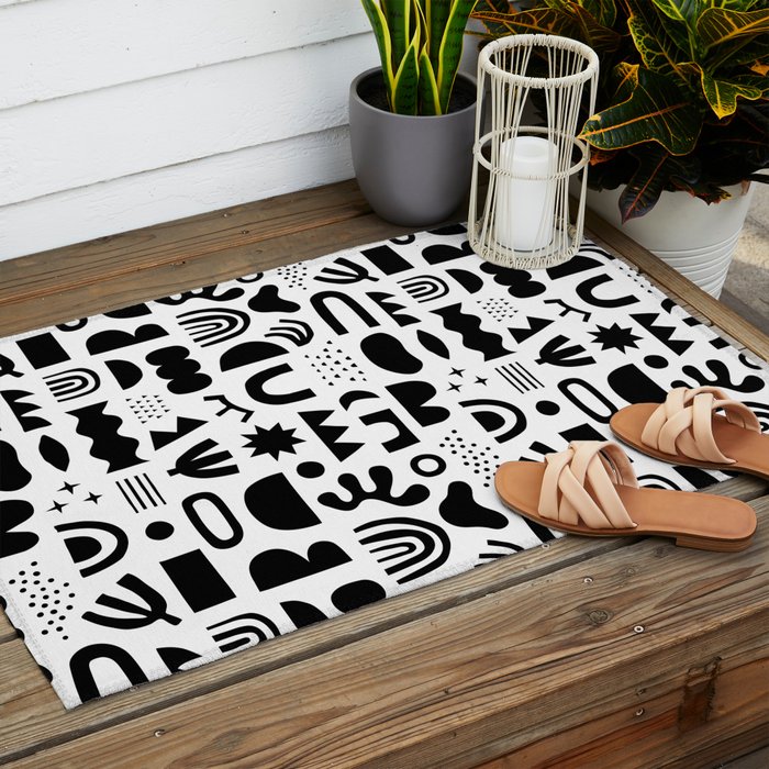 Black and white abstract organic shape pattern Outdoor Rug Gallery Image 2