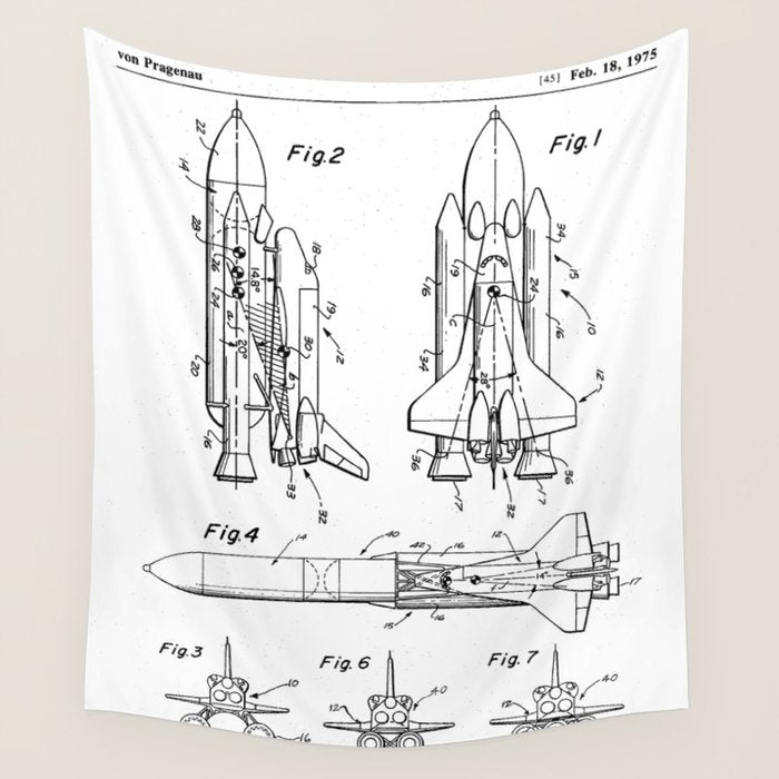 Nasa Space Shuttle Patent - Nasa Shuttle Art - Black And White Wall Tapestry Gallery Image 1