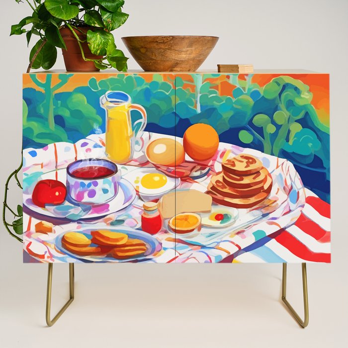 Breakfast Picnic, Food Travel Colorful Tea Party, Toast Pancakes Jam Eggs, Sunny Side Up Bohemian Painting Credenza Gallery Image 1