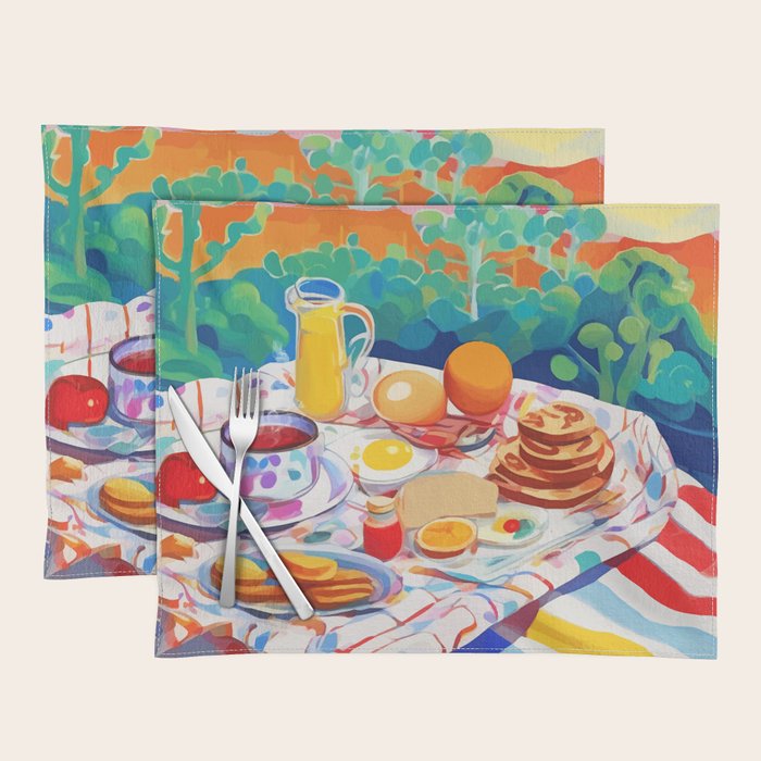 Breakfast Picnic, Food Travel Colorful Tea Party, Toast Pancakes Jam Eggs, Sunny Side Up Bohemian Painting Placemat Gallery Image 1