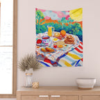 Breakfast Picnic, Food Travel Colorful Tea Party, Toast Pancakes Jam Eggs, Sunny Side Up Bohemian Painting Wall Tapestry Gallery Image 2