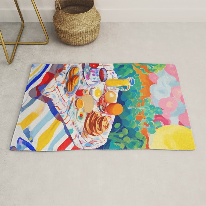 Breakfast Picnic, Food Travel Colorful Tea Party, Toast Pancakes Jam Eggs, Sunny Side Up Bohemian Painting Rug Gallery Image 1