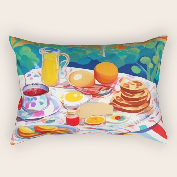 Breakfast Picnic, Food Travel Colorful Tea Party, Toast Pancakes Jam Eggs, Sunny Side Up Bohemian Painting Rectangular Pillow Gallery Image 1