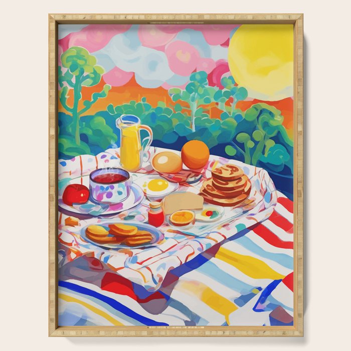 Breakfast Picnic, Food Travel Colorful Tea Party, Toast Pancakes Jam Eggs, Sunny Side Up Bohemian Painting Serving Tray Gallery Image 1