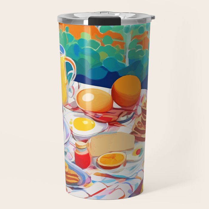Breakfast Picnic, Food Travel Colorful Tea Party, Toast Pancakes Jam Eggs, Sunny Side Up Bohemian Painting Travel Mug Gallery Image 1