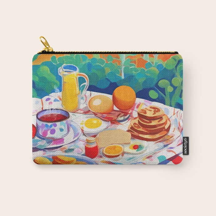 Breakfast Picnic, Food Travel Colorful Tea Party, Toast Pancakes Jam Eggs, Sunny Side Up Bohemian Painting Carry All Pouch Gallery Image 1