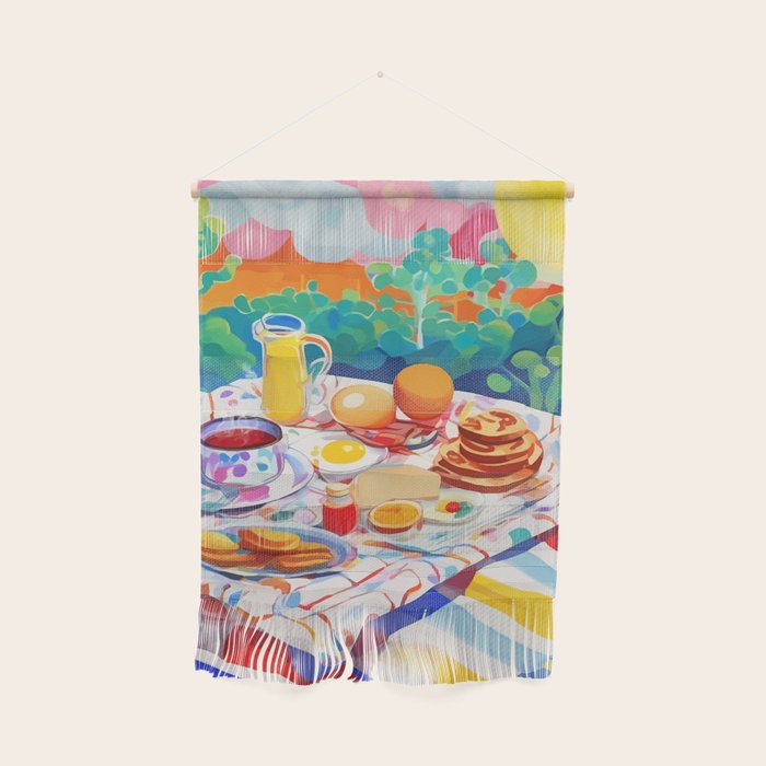 Breakfast Picnic, Food Travel Colorful Tea Party, Toast Pancakes Jam Eggs, Sunny Side Up Bohemian Painting Wall Hanging Gallery Image 1
