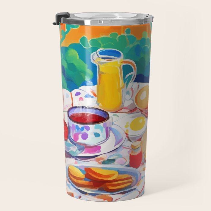 Breakfast Picnic, Food Travel Colorful Tea Party, Toast Pancakes Jam Eggs, Sunny Side Up Bohemian Painting Travel Mug Gallery Image 3