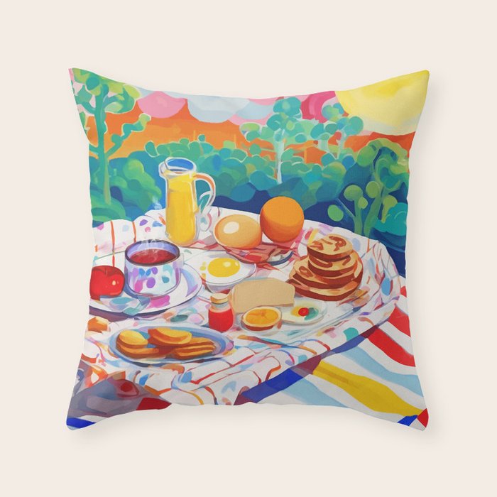 Breakfast Picnic, Food Travel Colorful Tea Party, Toast Pancakes Jam Eggs, Sunny Side Up Bohemian Painting Throw Pillow Gallery Image 6
