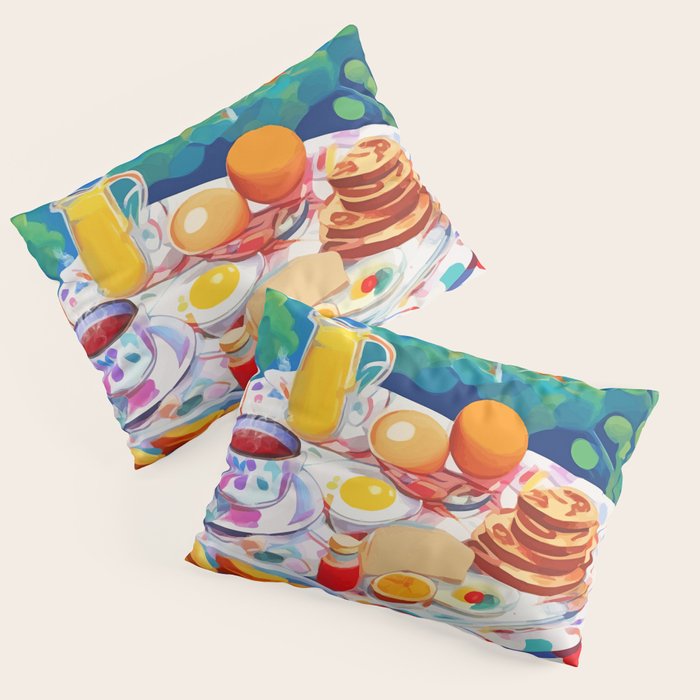 Breakfast Picnic, Food Travel Colorful Tea Party, Toast Pancakes Jam Eggs, Sunny Side Up Bohemian Painting Pillow Sham Gallery Image 1