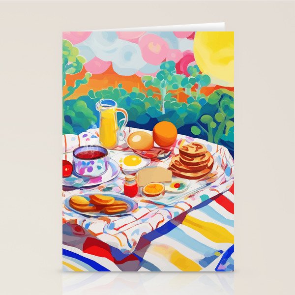 Breakfast Picnic, Food Travel Colorful Tea Party, Toast Pancakes Jam Eggs, Sunny Side Up Bohemian Painting Stationery Card Gallery Image 1