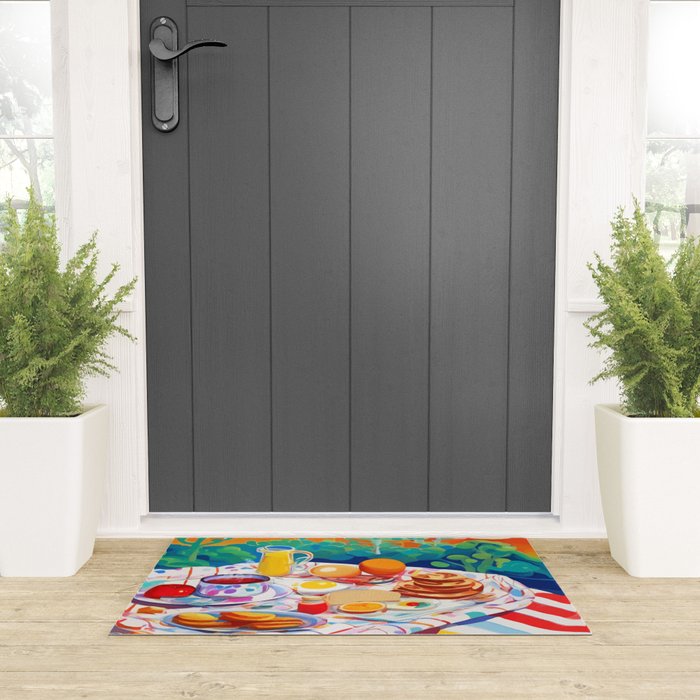 Breakfast Picnic, Food Travel Colorful Tea Party, Toast Pancakes Jam Eggs, Sunny Side Up Bohemian Painting Welcome Mat Gallery Image 3