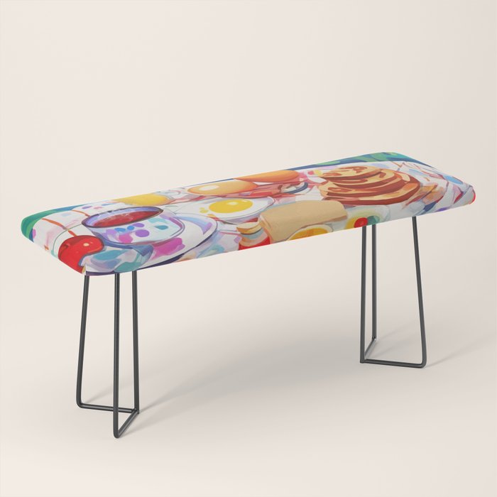 Breakfast Picnic, Food Travel Colorful Tea Party, Toast Pancakes Jam Eggs, Sunny Side Up Bohemian Painting Bench Gallery Image 1