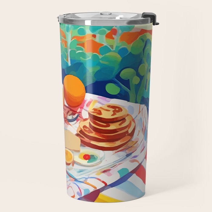 Breakfast Picnic, Food Travel Colorful Tea Party, Toast Pancakes Jam Eggs, Sunny Side Up Bohemian Painting Travel Mug Gallery Image 2