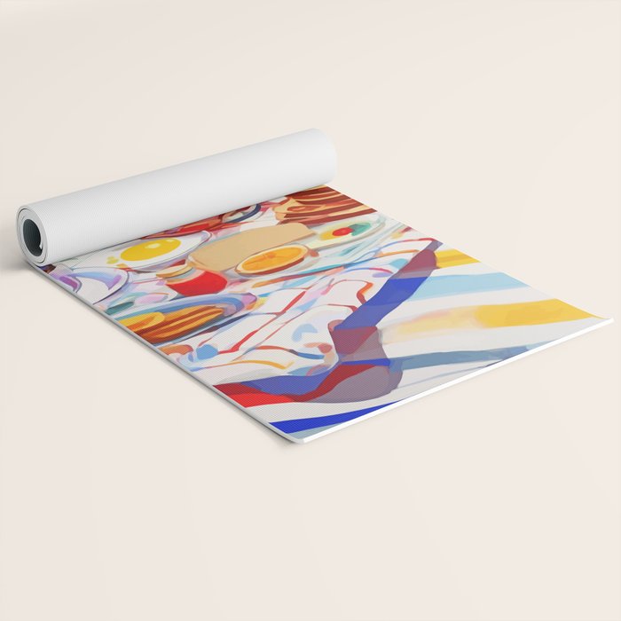 Breakfast Picnic, Food Travel Colorful Tea Party, Toast Pancakes Jam Eggs, Sunny Side Up Bohemian Painting Yoga Mat Gallery Image 2